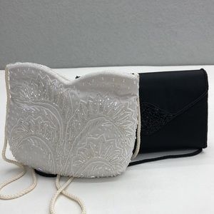 Lot of TWO Black & White Beaded Evening Cocktail Handbags Shoulder Bags EUC